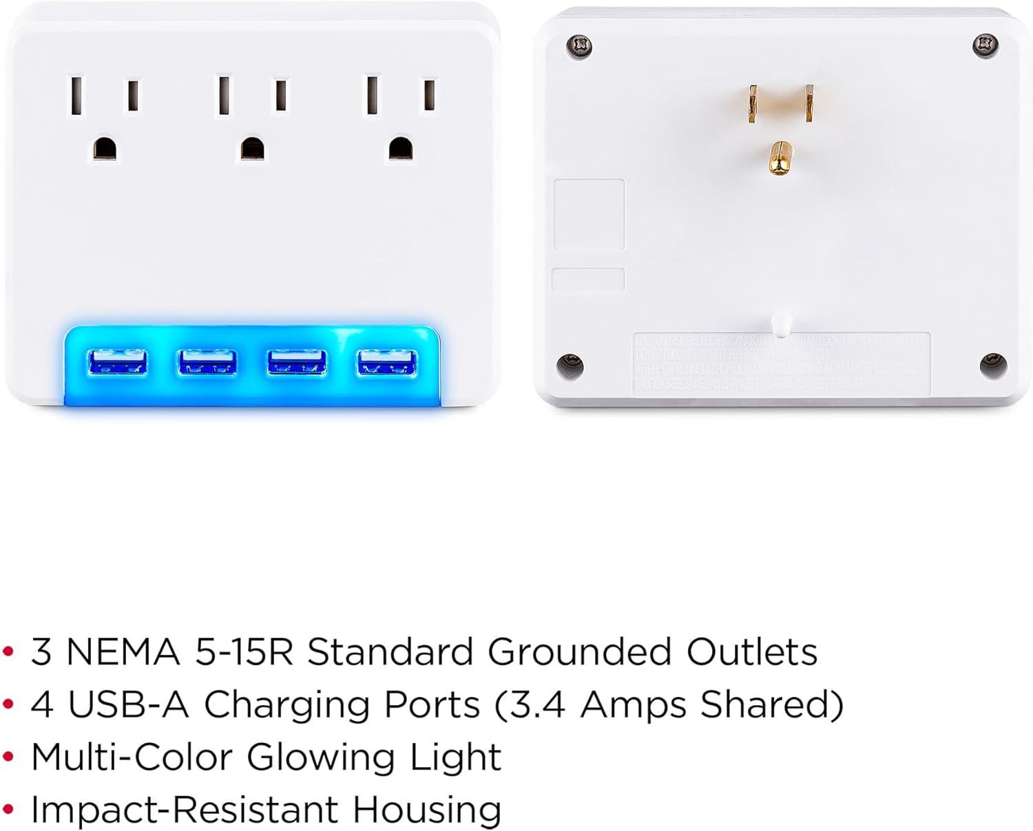 image:imageCyberPower P3WUH MultiHue Lighted Power Wall Tap 3 Outlets 4 USB Charge Ports White UL ListedP3WUH