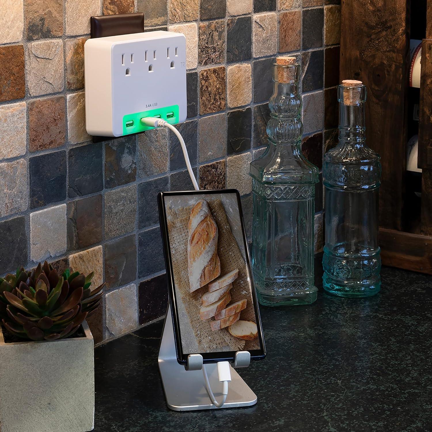 image:imageCyberPower P3WUH MultiHue Lighted Power Wall Tap 3 Outlets 4 USB Charge Ports White UL ListedP3WUH