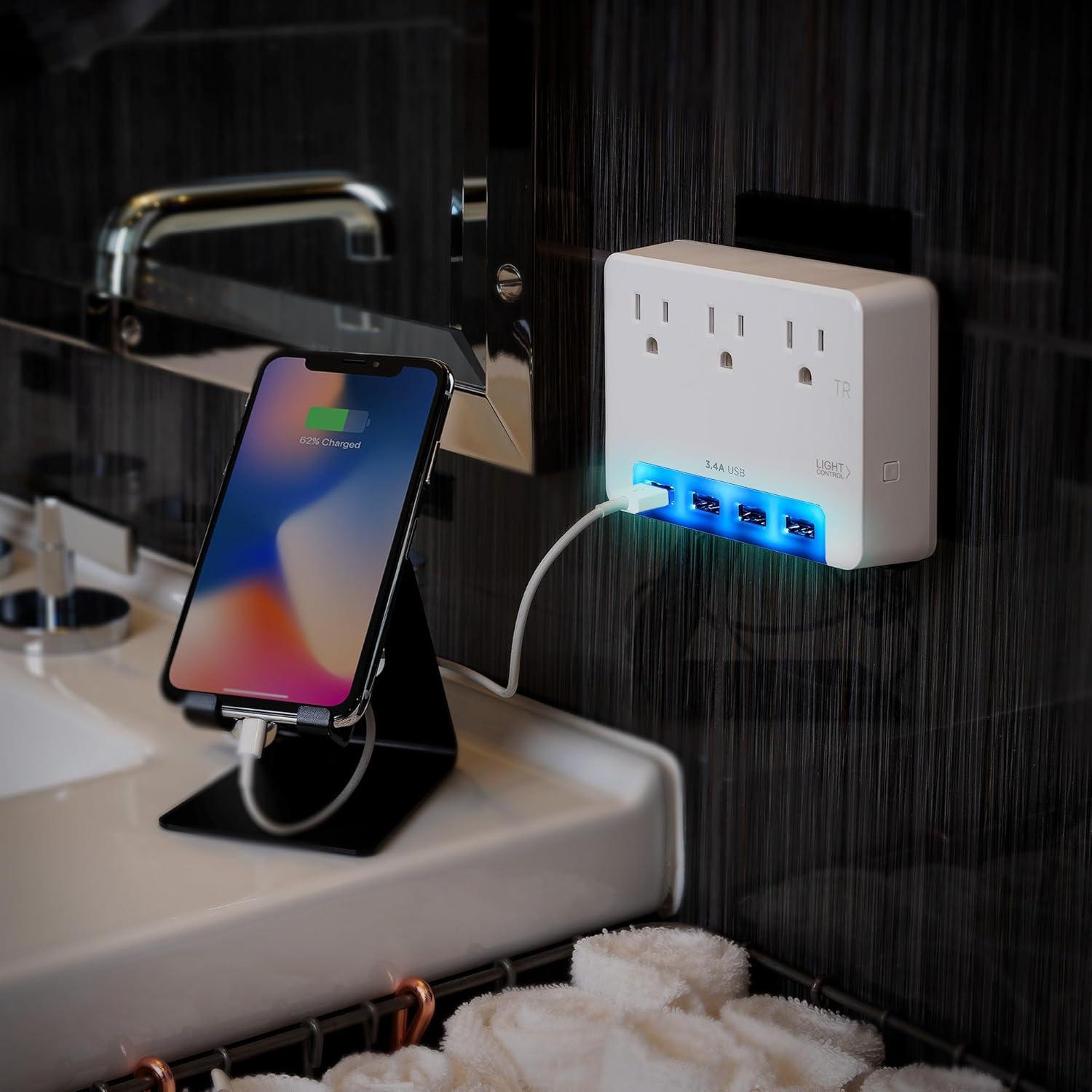 image:imageCyberPower P3WUH MultiHue Lighted Power Wall Tap 3 Outlets 4 USB Charge Ports White UL ListedP3WUH