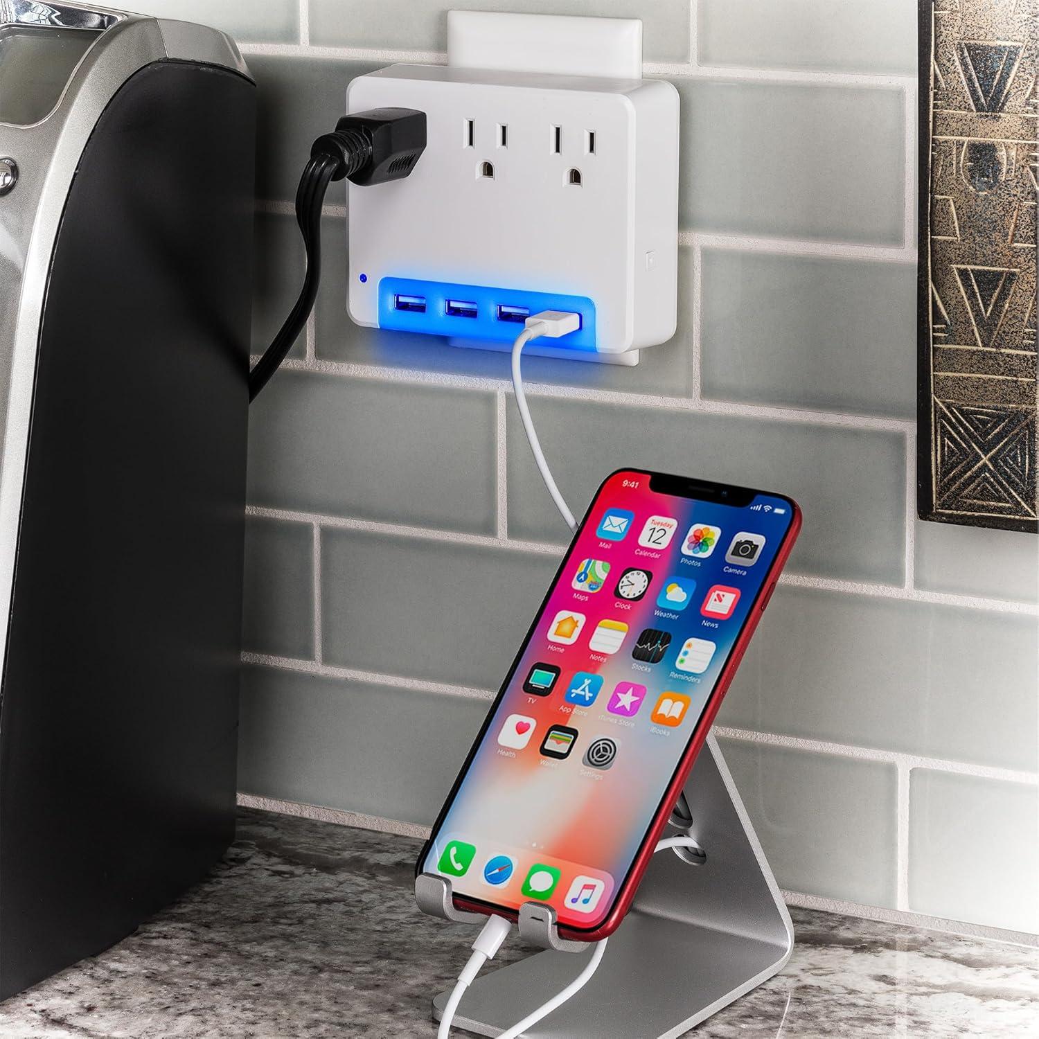 image:imageCyberPower P3WUH MultiHue Lighted Power Wall Tap 3 Outlets 4 USB Charge Ports White UL ListedP3WUN