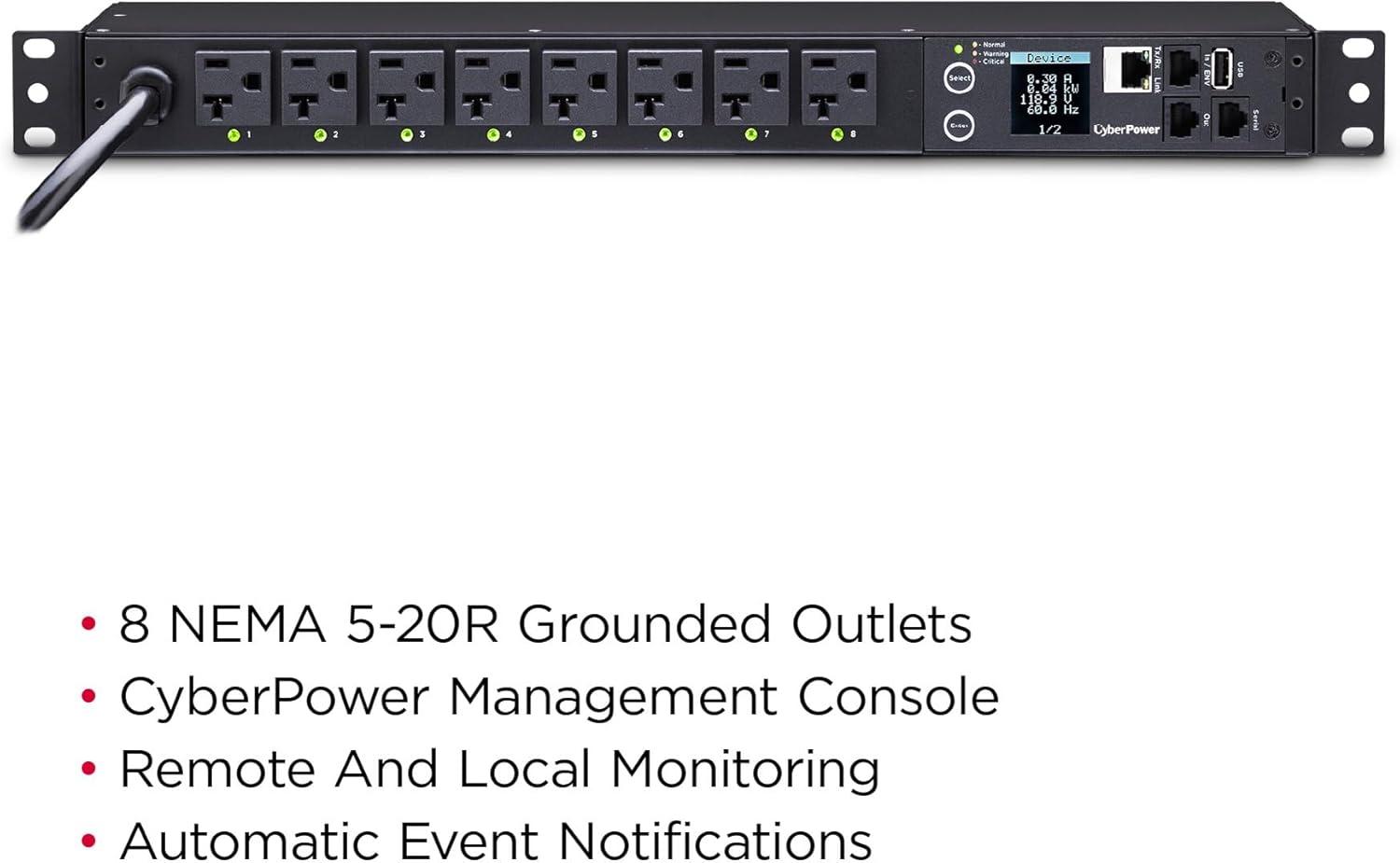 image:imageCyberPower PDU41001 Switched PDU 100120V15A Derated to 12A 8 Outlets 1U Rackmount120V20A