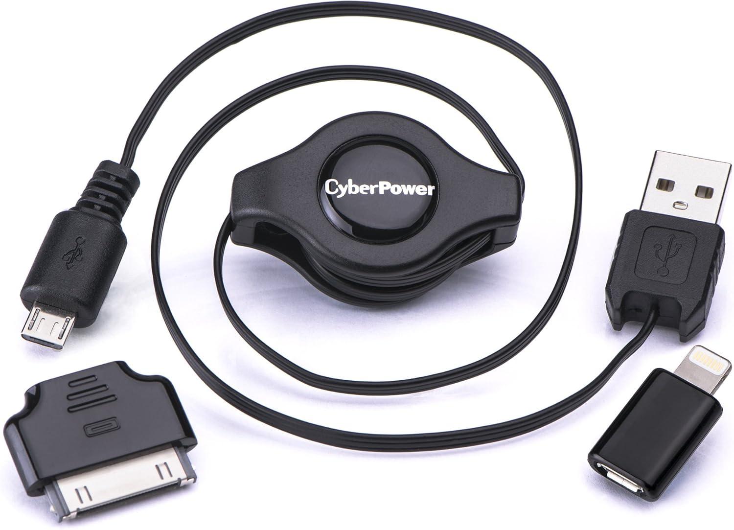 image:imageCyberPower CPU3RTAKT USB 20 Adapter Kit Retractable Cable Lightning amp 30Pin to Micro USB Adapters 25 ft Compatible with iOS Devices BlackCPU3RTAKT