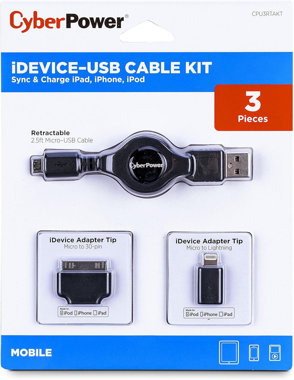 image:imageCyberPower CPU3RTAKT USB 20 Adapter Kit Retractable Cable Lightning amp 30Pin to Micro USB Adapters 25 ft Compatible with iOS Devices BlackCPU3RTAKT