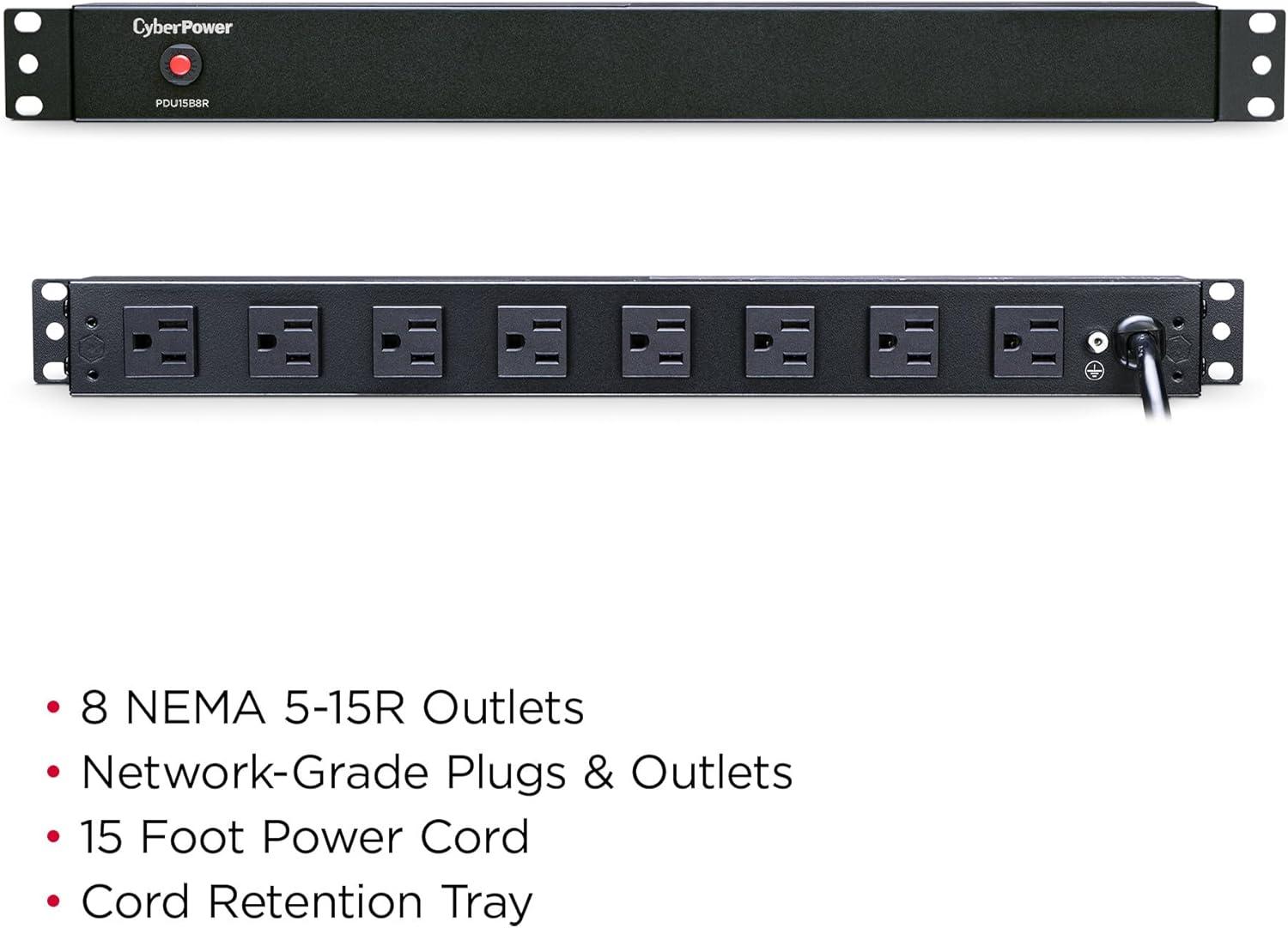 image:imageCyberPower PDU15B8R Basic PDU 100125V 15A Derated to 12A 8 Outlets 1U Rackmount