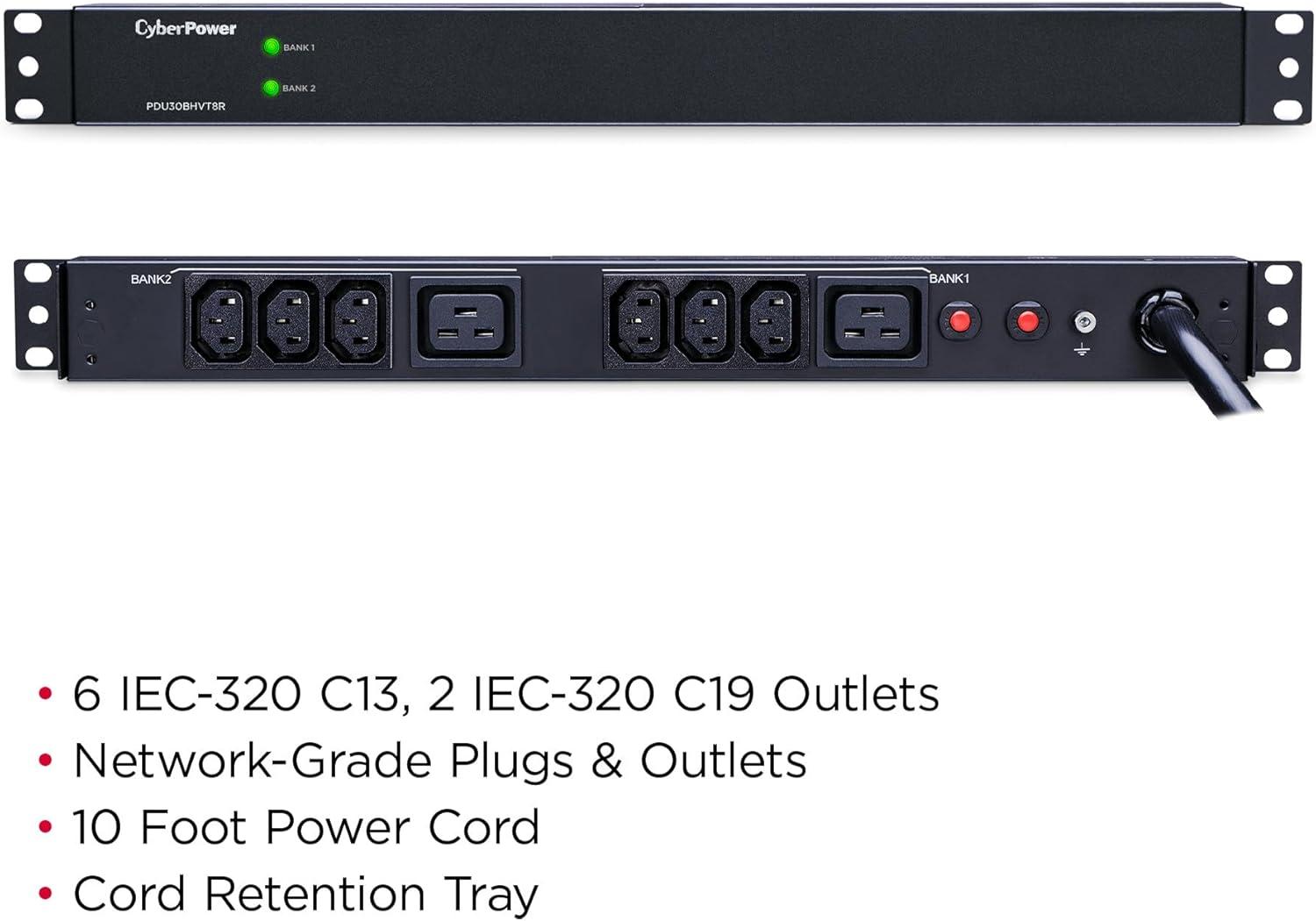 image:imageCyberPower PDU30BHVT8R Basic PDU 208230V30A Derated to 24A 8 Outlets 10ft Power Cord 1U Rackmount