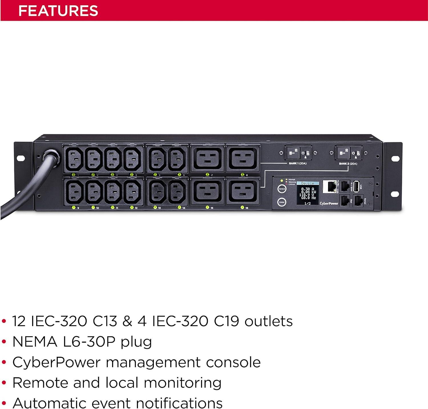 image:imageCyberPower PDU41008 Power Distribution Unit Switched 200240V 30A Derated to 24A 16 Outlets 2U Rackmount