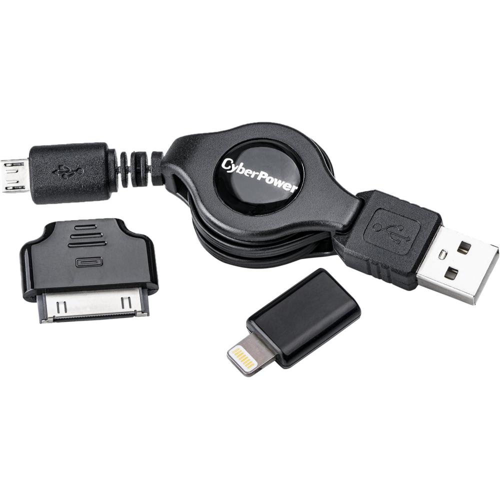 image:imageCyberPower CPU3RTAKT USB 20 Adapter Kit Retractable Cable Lightning amp 30Pin to Micro USB Adapters 25 ft Compatible with iOS Devices BlackCPU3RTAKT
