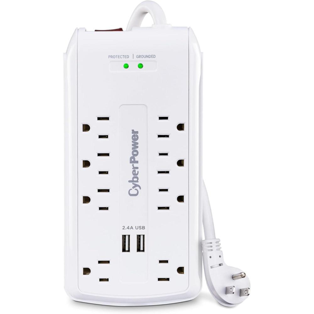 image:imageCyberPower CSP806U Professional Surge Protector 3000J125V 15A 8 Outlets 2 USB Charging Ports 6 Foot Cord White